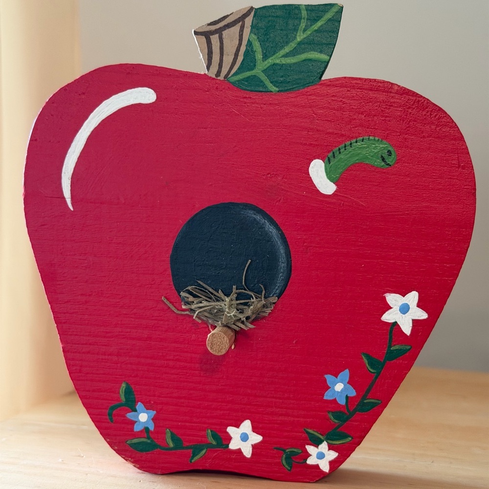 Red Apple-Shaped Birdhouse wooden hand painted handcrafted
